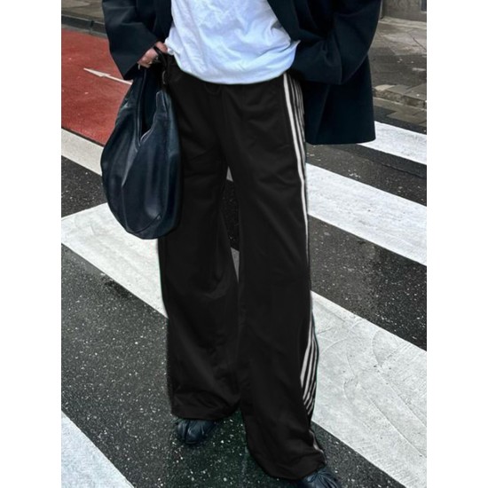 Women's Striped Drawstring Sweatpants - Casual Elastic Waist, Straight Leg with Pockets, Machine Washable Women's Striped Drawstring Sweatpants - Casual Elastic Waist, Straight Leg with Pockets, Machine Washable