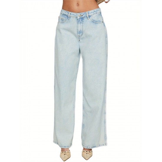 1pc Women'S Casual Cotton Wide Leg Jeans - Solid Color Low Waist Loose Fit with Pockets for Spring/Fall Season 1pc Women'S Casual Cotton Wide Leg Jeans - Solid Color Low Waist Loose Fit with Pockets for Spring/Fall Season