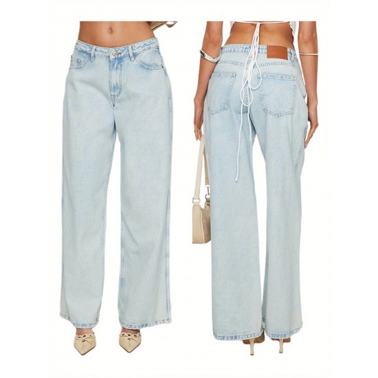 1pc Women'S Casual Cotton Wide Leg Jeans - Solid Color Low Waist Loose Fit with Pockets for Spring/Fall Season 1pc Women'S Casual Cotton Wide Leg Jeans - Solid Color Low Waist Loose Fit with Pockets for Spring/Fall Season