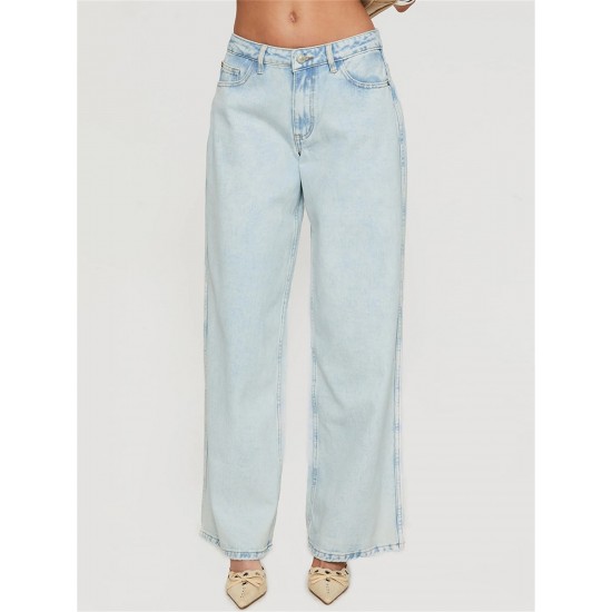 1pc Women'S Casual Cotton Wide Leg Jeans - Solid Color Low Waist Loose Fit with Pockets for Spring/Fall Season 1pc Women'S Casual Cotton Wide Leg Jeans - Solid Color Low Waist Loose Fit with Pockets for Spring/Fall Season