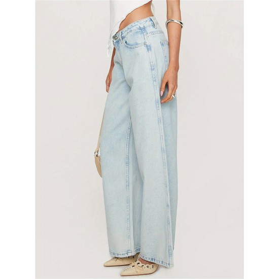 1pc Women'S Casual Cotton Wide Leg Jeans - Solid Color Low Waist Loose Fit with Pockets for Spring/Fall Season 1pc Women'S Casual Cotton Wide Leg Jeans - Solid Color Low Waist Loose Fit with Pockets for Spring/Fall Season