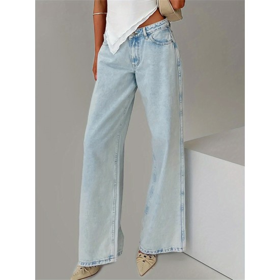 1pc Women'S Casual Cotton Wide Leg Jeans - Solid Color Low Waist Loose Fit with Pockets for Spring/Fall Season 1pc Women'S Casual Cotton Wide Leg Jeans - Solid Color Low Waist Loose Fit with Pockets for Spring/Fall Season