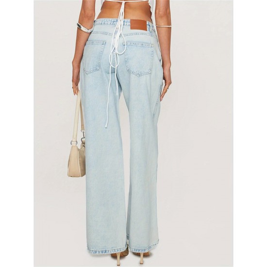 1pc Women'S Casual Cotton Wide Leg Jeans - Solid Color Low Waist Loose Fit with Pockets for Spring/Fall Season 1pc Women'S Casual Cotton Wide Leg Jeans - Solid Color Low Waist Loose Fit with Pockets for Spring/Fall Season