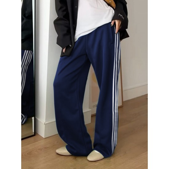 Women's Casual Striped Sweatpants with Drawstring Waist and Pockets - Comfy Straight Leg Streetwear, Non-Stretch Polyester Women's Casual Striped Sweatpants with Drawstring Waist and Pockets - Comfy Straight Leg Streetwear, Non-Stretch Polyester