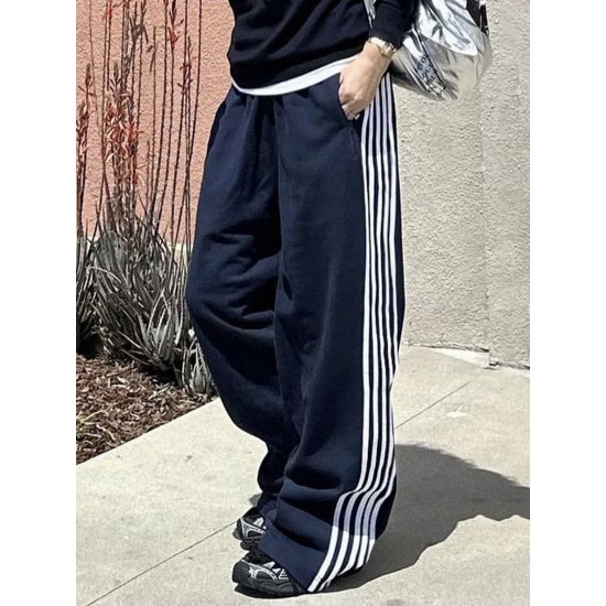 Women's Casual Striped Sweatpants with Drawstring Waist and Pockets - Comfy Straight Leg Streetwear, Non-Stretch Polyester Women's Casual Striped Sweatpants with Drawstring Waist and Pockets - Comfy Straight Leg Streetwear, Non-Stretch Polyester