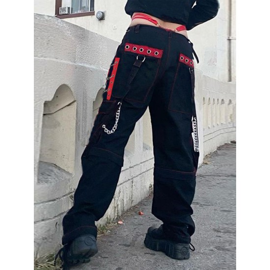 Womens Low Rise Baggy Jeans Rock Style Wide Leg Cargo Pants Washed Jeans with Flap Pockets Womens Low Rise Baggy Jeans Rock Style Wide Leg Cargo Pants Washed Jeans with Flap Pockets
