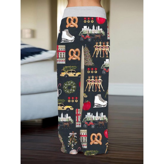 Women's New York Christmas Wide-Leg Pants - Casual Drawstring Waist, Cartoon Print, Polyester & Spandex Blend, Machine Washable Women's New York Christmas Wide-Leg Pants - Casual Drawstring Waist, Cartoon Print, Polyester & Spandex Blend, Machine Washable
