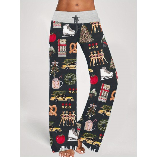 Women's New York Christmas Wide-Leg Pants - Casual Drawstring Waist, Cartoon Print, Polyester & Spandex Blend, Machine Washable Women's New York Christmas Wide-Leg Pants - Casual Drawstring Waist, Cartoon Print, Polyester & Spandex Blend, Machine Washable