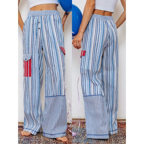 1pc Women'S Casual Striped Wide Leg Pants, Elastic Waist Loose Trousers with Pockets, Spring/Autumn Streetwear for Adults 1pc Women'S Casual Striped Wide Leg Pants, Elastic Waist Loose Trousers with Pockets, Spring/Autumn Streetwear for Adults