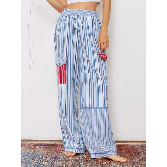 1pc Women'S Casual Striped Wide Leg Pants, Elastic Waist Loose Trousers with Pockets, Spring/Autumn Streetwear for Adults 1pc Women'S Casual Striped Wide Leg Pants, Elastic Waist Loose Trousers with Pockets, Spring/Autumn Streetwear for Adults