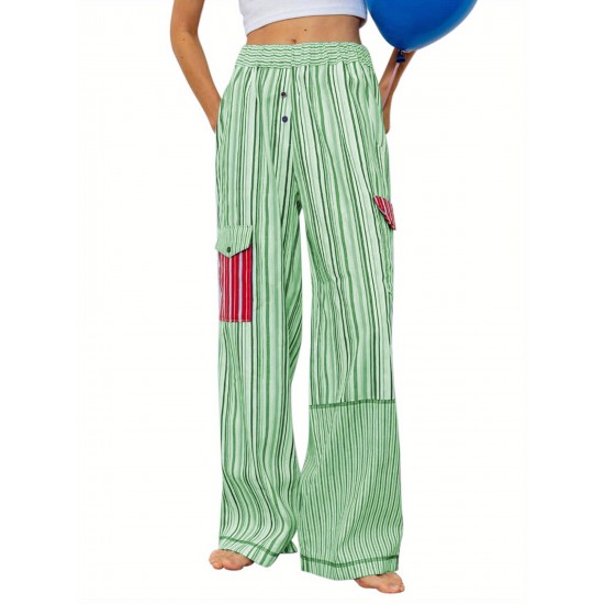 1pc Women'S Casual Striped Wide Leg Pants, Elastic Waist Loose Trousers with Pockets, Spring/Autumn Streetwear for Adults 1pc Women'S Casual Striped Wide Leg Pants, Elastic Waist Loose Trousers with Pockets, Spring/Autumn Streetwear for Adults