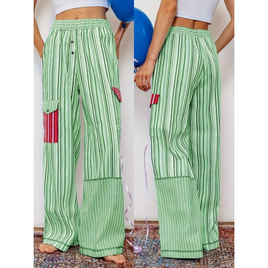 1pc Women'S Casual Striped Wide Leg Pants, Elastic Waist Loose Trousers with Pockets, Spring/Autumn Streetwear for Adults 1pc Women'S Casual Striped Wide Leg Pants, Elastic Waist Loose Trousers with Pockets, Spring/Autumn Streetwear for Adults