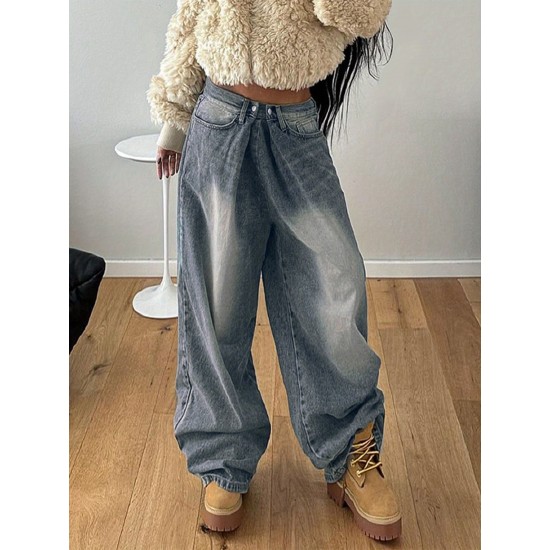 1pc Women'S High Waist Wide-Leg Faux Denim, Casual Style Solid Color Long Pants, Polyester Knit Fabric with Button Detail, All-Season Loose Fit Faux Denim Trousers 1pc Women'S High Waist Wide-Leg Faux Denim, Casual Style Solid Color Long Pants, Polyester Knit Fabric with Button Detail, All-Season Loose Fit Faux Denim Trousers