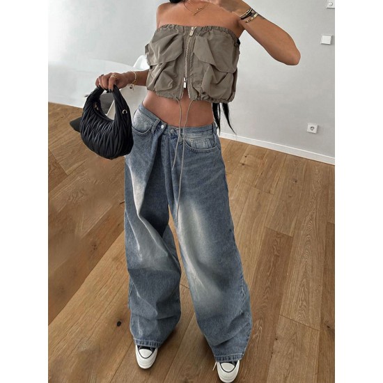 1pc Women'S High Waist Wide-Leg Faux Denim, Casual Style Solid Color Long Pants, Polyester Knit Fabric with Button Detail, All-Season Loose Fit Faux Denim Trousers 1pc Women'S High Waist Wide-Leg Faux Denim, Casual Style Solid Color Long Pants, Polyester Knit Fabric with Button Detail, All-Season Loose Fit Faux Denim Trousers
