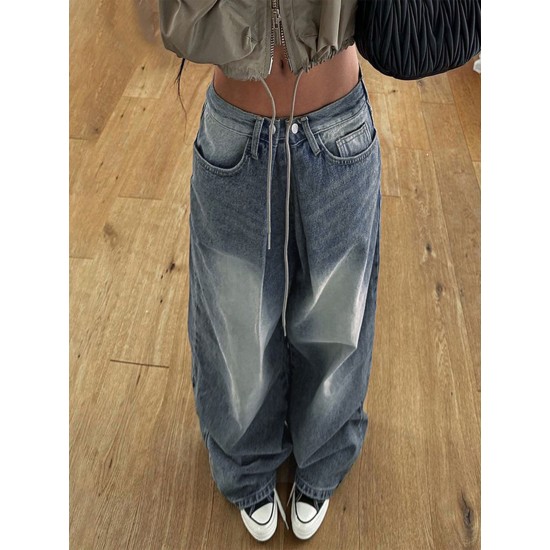 1pc Women'S High Waist Wide-Leg Faux Denim, Casual Style Solid Color Long Pants, Polyester Knit Fabric with Button Detail, All-Season Loose Fit Faux Denim Trousers 1pc Women'S High Waist Wide-Leg Faux Denim, Casual Style Solid Color Long Pants, Polyester Knit Fabric with Button Detail, All-Season Loose Fit Faux Denim Trousers