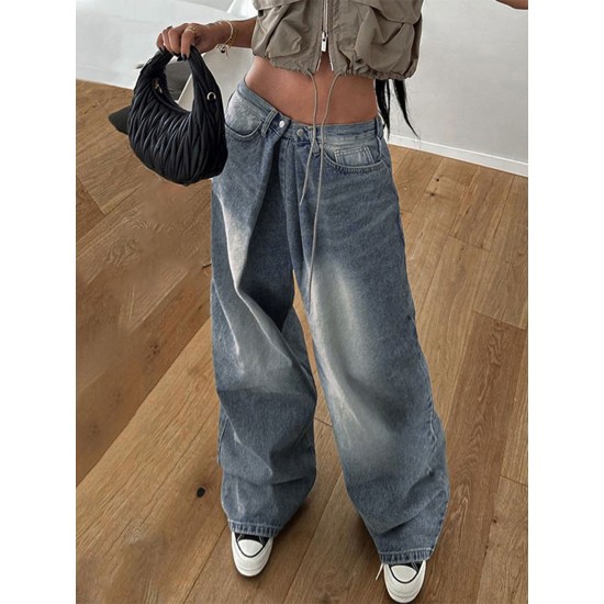 1pc Women'S High Waist Wide-Leg Faux Denim, Casual Style Solid Color Long Pants, Polyester Knit Fabric with Button Detail, All-Season Loose Fit Faux Denim Trousers 1pc Women'S High Waist Wide-Leg Faux Denim, Casual Style Solid Color Long Pants, Polyester Knit Fabric with Button Detail, All-Season Loose Fit Faux Denim Trousers