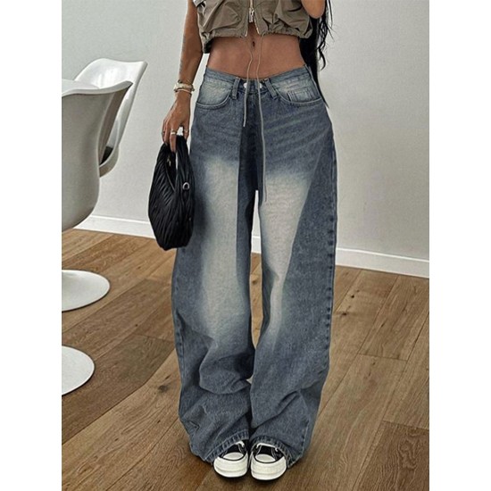 1pc Women'S High Waist Wide-Leg Faux Denim, Casual Style Solid Color Long Pants, Polyester Knit Fabric with Button Detail, All-Season Loose Fit Faux Denim Trousers 1pc Women'S High Waist Wide-Leg Faux Denim, Casual Style Solid Color Long Pants, Polyester Knit Fabric with Button Detail, All-Season Loose Fit Faux Denim Trousers