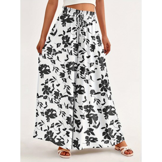 Floral Print Wide Leg Baggy Pants, Casual Drawstring Elastic Waist With Pockets Pants For Spring & Summer, Women's Clothing Floral Print Wide Leg Baggy Pants, Casual Drawstring Elastic Waist With Pockets Pants For Spring & Summer, Women's Clothing