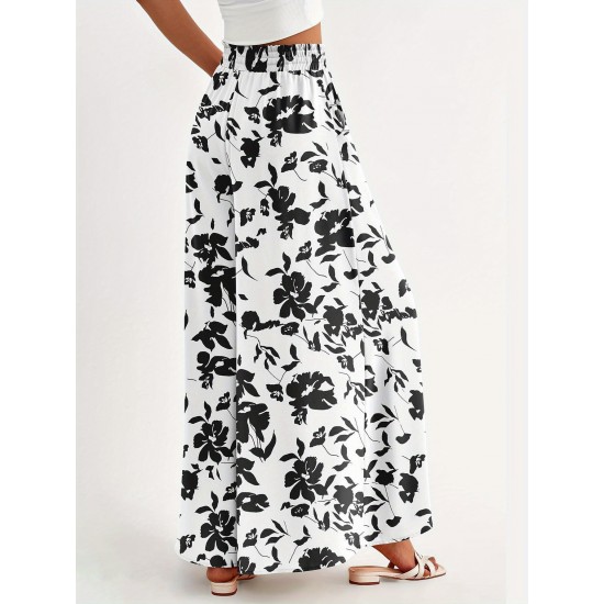 Floral Print Wide Leg Baggy Pants, Casual Drawstring Elastic Waist With Pockets Pants For Spring & Summer, Women's Clothing Floral Print Wide Leg Baggy Pants, Casual Drawstring Elastic Waist With Pockets Pants For Spring & Summer, Women's Clothing