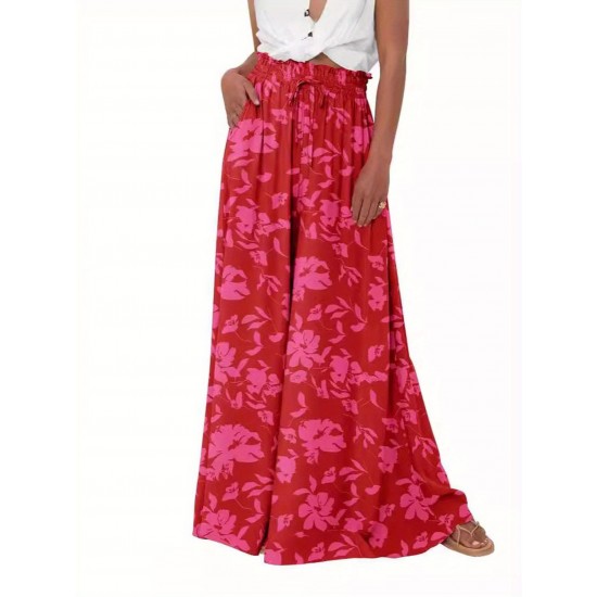 Floral Print Wide Leg Baggy Pants, Casual Drawstring Elastic Waist With Pockets Pants For Spring & Summer, Women's Clothing Floral Print Wide Leg Baggy Pants, Casual Drawstring Elastic Waist With Pockets Pants For Spring & Summer, Women's Clothing