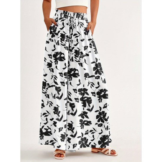 Floral Print Wide Leg Baggy Pants, Casual Drawstring Elastic Waist With Pockets Pants For Spring & Summer, Women's Clothing Floral Print Wide Leg Baggy Pants, Casual Drawstring Elastic Waist With Pockets Pants For Spring & Summer, Women's Clothing