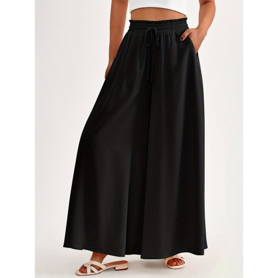 Floral Print Wide Leg Baggy Pants, Casual Drawstring Elastic Waist With Pockets Pants For Spring & Summer, Women's Clothing Floral Print Wide Leg Baggy Pants, Casual Drawstring Elastic Waist With Pockets Pants For Spring & Summer, Women's Clothing