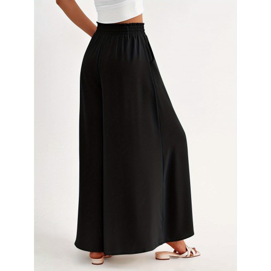 Floral Print Wide Leg Baggy Pants, Casual Drawstring Elastic Waist With Pockets Pants For Spring & Summer, Women's Clothing Floral Print Wide Leg Baggy Pants, Casual Drawstring Elastic Waist With Pockets Pants For Spring & Summer, Women's Clothing