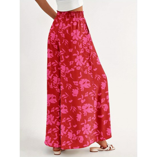 Floral Print Wide Leg Baggy Pants, Casual Drawstring Elastic Waist With Pockets Pants For Spring & Summer, Women's Clothing Floral Print Wide Leg Baggy Pants, Casual Drawstring Elastic Waist With Pockets Pants For Spring & Summer, Women's Clothing