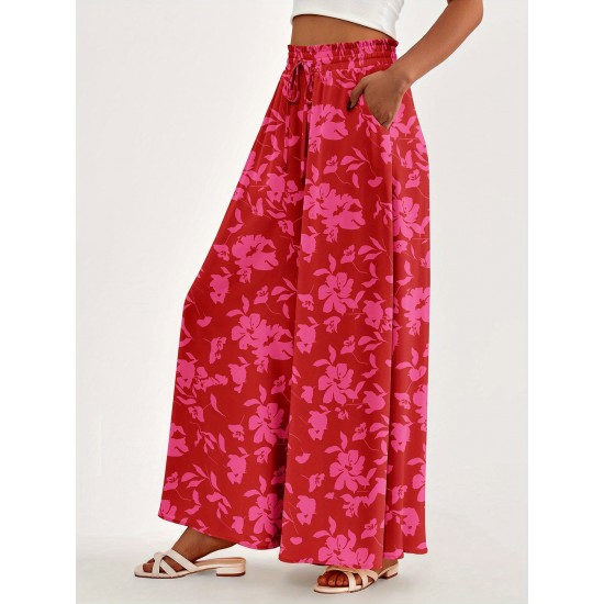 Floral Print Wide Leg Baggy Pants, Casual Drawstring Elastic Waist With Pockets Pants For Spring & Summer, Women's Clothing Floral Print Wide Leg Baggy Pants, Casual Drawstring Elastic Waist With Pockets Pants For Spring & Summer, Women's Clothing