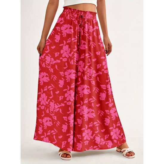 Floral Print Wide Leg Baggy Pants, Casual Drawstring Elastic Waist With Pockets Pants For Spring & Summer, Women's Clothing Floral Print Wide Leg Baggy Pants, Casual Drawstring Elastic Waist With Pockets Pants For Spring & Summer, Women's Clothing