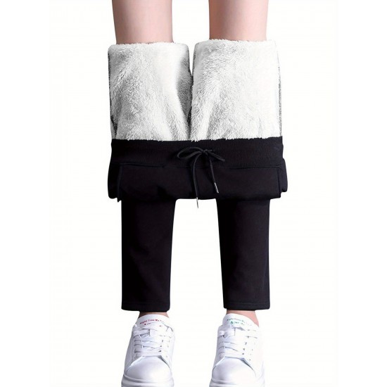 1pc Women'S Sherpa Lined Sweatpants - Cotton Casual Fleece Pants, Solid Color, Straight Leg, Woven, Adult Fall/Winter Jogger Style 1pc Women'S Sherpa Lined Sweatpants - Cotton Casual Fleece Pants, Solid Color, Straight Leg, Woven, Adult Fall/Winter Jogger Style