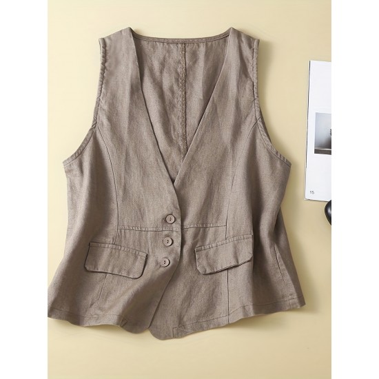 1pc Women'S Plus Size Casual Linen V-Neck Sleeveless Vest - Solid Color Knit Fabric Button-Down Leisure Tank Top 1pc Women'S Plus Size Casual Linen V-Neck Sleeveless Vest - Solid Color Knit Fabric Button-Down Leisure Tank Top
