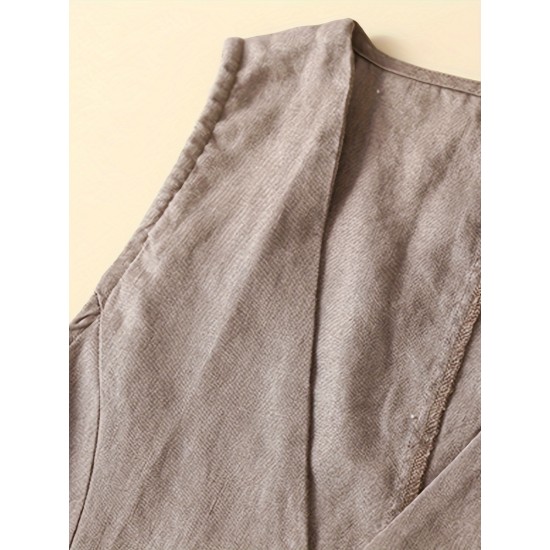 1pc Women'S Plus Size Casual Linen V-Neck Sleeveless Vest - Solid Color Knit Fabric Button-Down Leisure Tank Top 1pc Women'S Plus Size Casual Linen V-Neck Sleeveless Vest - Solid Color Knit Fabric Button-Down Leisure Tank Top