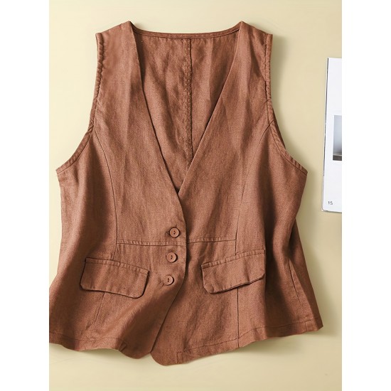 1pc Women'S Plus Size Casual Linen V-Neck Sleeveless Vest - Solid Color Knit Fabric Button-Down Leisure Tank Top 1pc Women'S Plus Size Casual Linen V-Neck Sleeveless Vest - Solid Color Knit Fabric Button-Down Leisure Tank Top