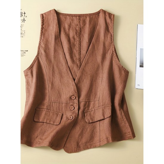 1pc Women'S Plus Size Casual Linen V-Neck Sleeveless Vest - Solid Color Knit Fabric Button-Down Leisure Tank Top 1pc Women'S Plus Size Casual Linen V-Neck Sleeveless Vest - Solid Color Knit Fabric Button-Down Leisure Tank Top