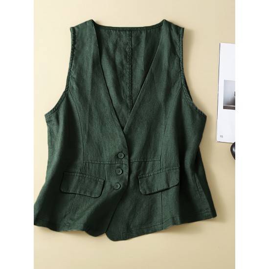 1pc Women'S Plus Size Casual Linen V-Neck Sleeveless Vest - Solid Color Knit Fabric Button-Down Leisure Tank Top 1pc Women'S Plus Size Casual Linen V-Neck Sleeveless Vest - Solid Color Knit Fabric Button-Down Leisure Tank Top