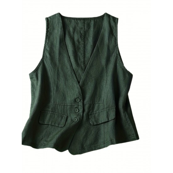 1pc Women'S Plus Size Casual Linen V-Neck Sleeveless Vest - Solid Color Knit Fabric Button-Down Leisure Tank Top 1pc Women'S Plus Size Casual Linen V-Neck Sleeveless Vest - Solid Color Knit Fabric Button-Down Leisure Tank Top