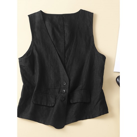 1pc Women'S Plus Size Casual Linen V-Neck Sleeveless Vest - Solid Color Knit Fabric Button-Down Leisure Tank Top 1pc Women'S Plus Size Casual Linen V-Neck Sleeveless Vest - Solid Color Knit Fabric Button-Down Leisure Tank Top