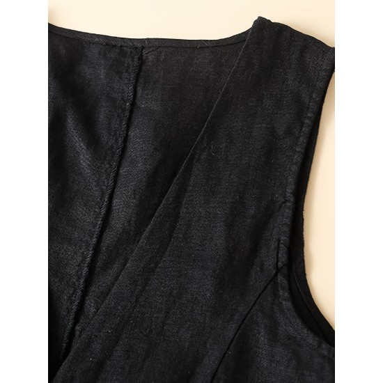 1pc Women'S Plus Size Casual Linen V-Neck Sleeveless Vest - Solid Color Knit Fabric Button-Down Leisure Tank Top 1pc Women'S Plus Size Casual Linen V-Neck Sleeveless Vest - Solid Color Knit Fabric Button-Down Leisure Tank Top
