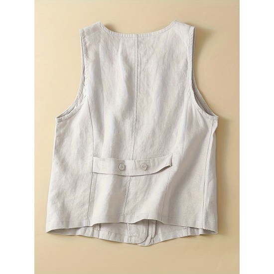 1pc Women'S Plus Size Casual Linen V-Neck Sleeveless Vest - Solid Color Knit Fabric Button-Down Leisure Tank Top 1pc Women'S Plus Size Casual Linen V-Neck Sleeveless Vest - Solid Color Knit Fabric Button-Down Leisure Tank Top