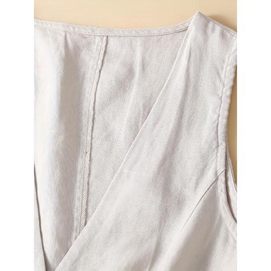 1pc Women'S Plus Size Casual Linen V-Neck Sleeveless Vest - Solid Color Knit Fabric Button-Down Leisure Tank Top 1pc Women'S Plus Size Casual Linen V-Neck Sleeveless Vest - Solid Color Knit Fabric Button-Down Leisure Tank Top