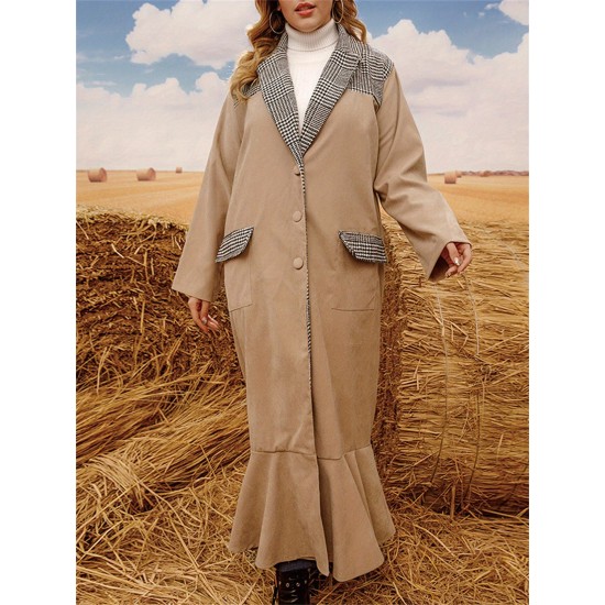 1pc Elegant Plus Size Women'S Casual Long Coat with Plaid Pockets and Ruffle Hem - Polyester Knit Fabric Cardigan Collar Windbreaker for Fall/Winter 1pc Elegant Plus Size Women'S Casual Long Coat with Plaid Pockets and Ruffle Hem - Polyester Knit Fabric Cardigan Collar Windbreaker for Fall/Winter