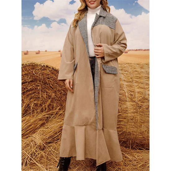 1pc Elegant Plus Size Women'S Casual Long Coat with Plaid Pockets and Ruffle Hem - Polyester Knit Fabric Cardigan Collar Windbreaker for Fall/Winter 1pc Elegant Plus Size Women'S Casual Long Coat with Plaid Pockets and Ruffle Hem - Polyester Knit Fabric Cardigan Collar Windbreaker for Fall/Winter