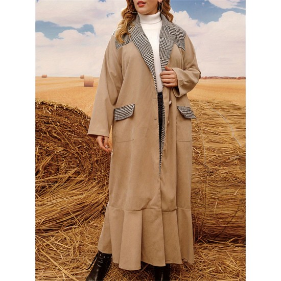 1pc Elegant Plus Size Women'S Casual Long Coat with Plaid Pockets and Ruffle Hem - Polyester Knit Fabric Cardigan Collar Windbreaker for Fall/Winter 1pc Elegant Plus Size Women'S Casual Long Coat with Plaid Pockets and Ruffle Hem - Polyester Knit Fabric Cardigan Collar Windbreaker for Fall/Winter
