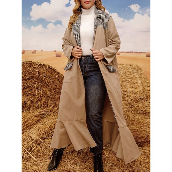 1pc Elegant Plus Size Women'S Casual Long Coat with Plaid Pockets and Ruffle Hem - Polyester Knit Fabric Cardigan Collar Windbreaker for Fall/Winter 1pc Elegant Plus Size Women'S Casual Long Coat with Plaid Pockets and Ruffle Hem - Polyester Knit Fabric Cardigan Collar Windbreaker for Fall/Winter