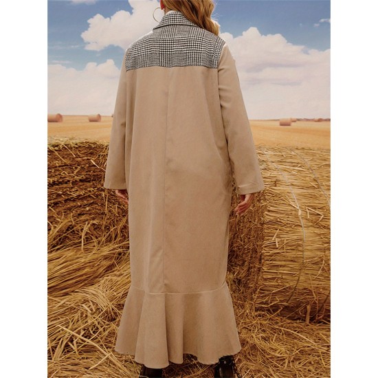 1pc Elegant Plus Size Women'S Casual Long Coat with Plaid Pockets and Ruffle Hem - Polyester Knit Fabric Cardigan Collar Windbreaker for Fall/Winter 1pc Elegant Plus Size Women'S Casual Long Coat with Plaid Pockets and Ruffle Hem - Polyester Knit Fabric Cardigan Collar Windbreaker for Fall/Winter