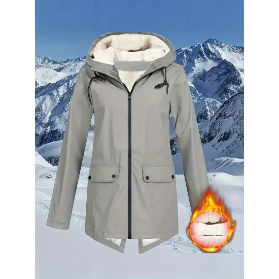 Plus Size Plush Lined Hooded Coat, Casual Long Sleeve Zipper Warm Coat For Winter, Women's Plus Size Clothing Plus Size Plush Lined Hooded Coat, Casual Long Sleeve Zipper Warm Coat For Winter, Women's Plus Size Clothing