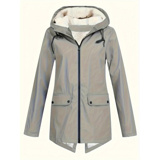 Plus Size Plush Lined Hooded Coat, Casual Long Sleeve Zipper Warm Coat For Winter, Women's Plus Size Clothing Plus Size Plush Lined Hooded Coat, Casual Long Sleeve Zipper Warm Coat For Winter, Women's Plus Size Clothing