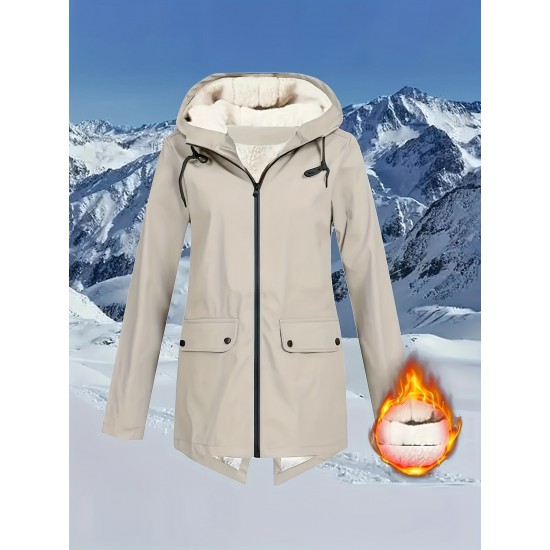 Plus Size Plush Lined Hooded Coat, Casual Long Sleeve Zipper Warm Coat For Winter, Women's Plus Size Clothing Plus Size Plush Lined Hooded Coat, Casual Long Sleeve Zipper Warm Coat For Winter, Women's Plus Size Clothing