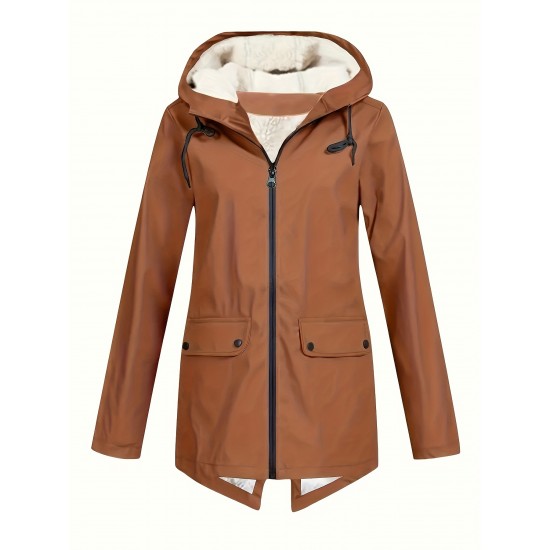 Plus Size Plush Lined Hooded Coat, Casual Long Sleeve Zipper Warm Coat For Winter, Women's Plus Size Clothing Plus Size Plush Lined Hooded Coat, Casual Long Sleeve Zipper Warm Coat For Winter, Women's Plus Size Clothing